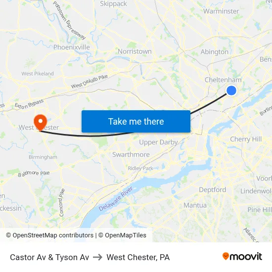Castor Av & Tyson Av to West Chester, PA map