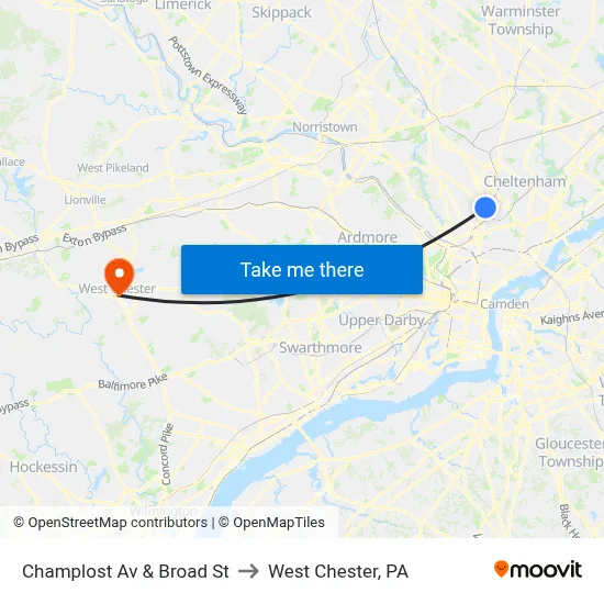 Champlost Av & Broad St to West Chester, PA map