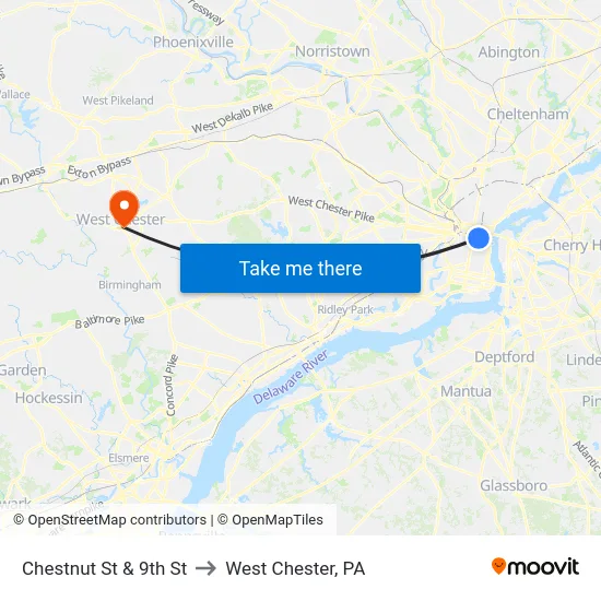 Chestnut St & 9th St to West Chester, PA map