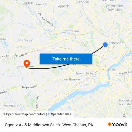 Ogontz Av & Middletown St to West Chester, PA map