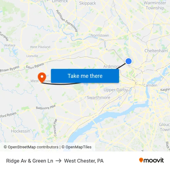Ridge Av & Green Ln to West Chester, PA map