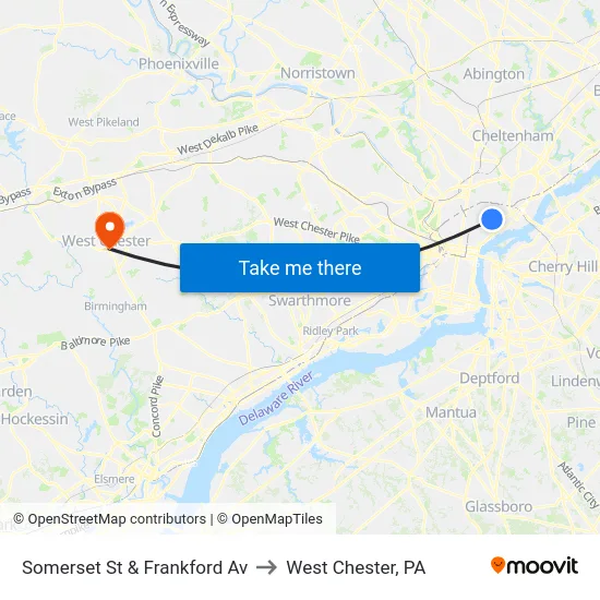 Somerset St & Frankford Av to West Chester, PA map