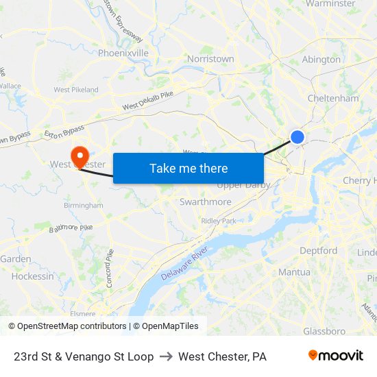 23rd St & Venango St Loop to West Chester, PA map