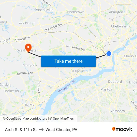 Arch St & 11th St to West Chester, PA map