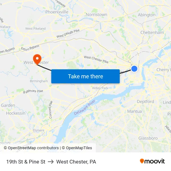 19th St & Pine St to West Chester, PA map