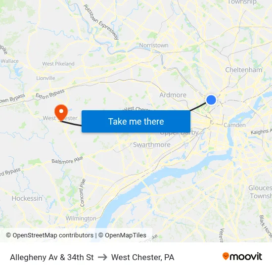 Allegheny Av & 34th St to West Chester, PA map