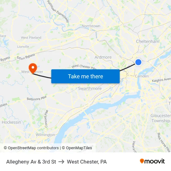 Allegheny Av & 3rd St to West Chester, PA map
