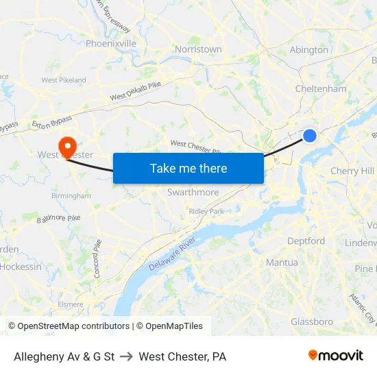 Allegheny Av & G St to West Chester, PA map