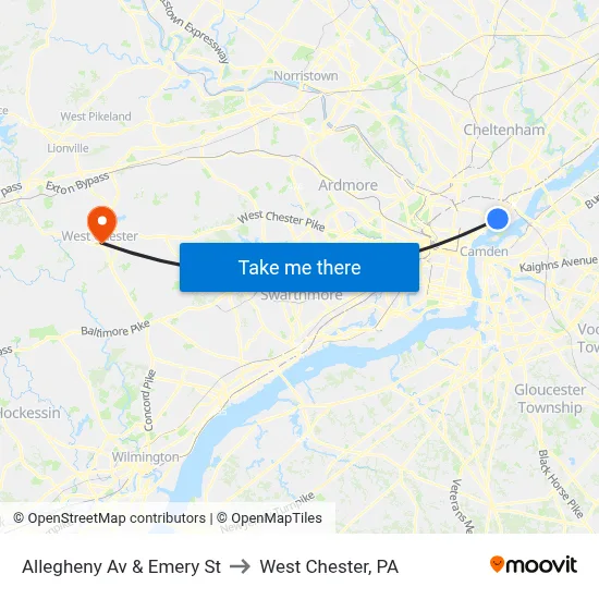 Allegheny Av & Emery St to West Chester, PA map