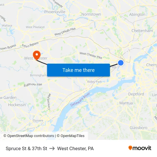 Spruce St & 37th St to West Chester, PA map