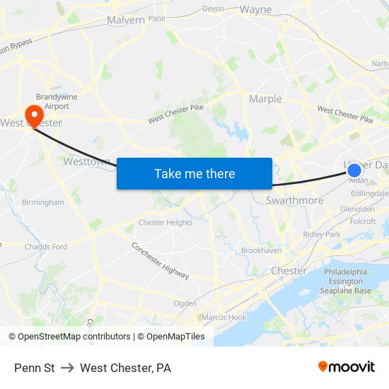 Penn St to West Chester, PA map