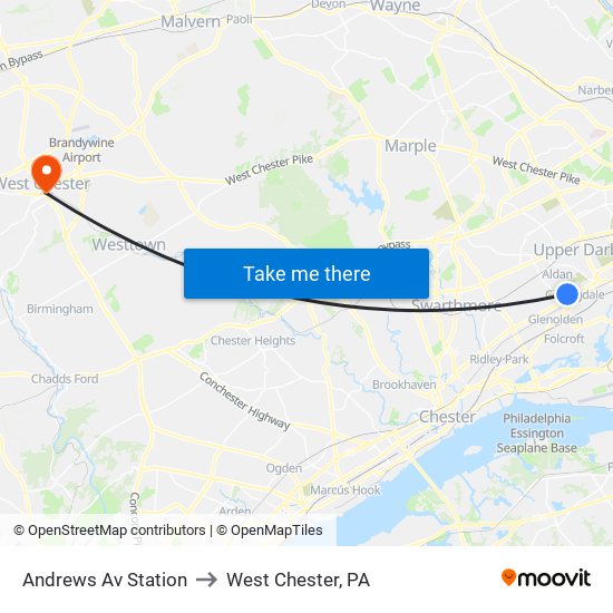 Andrews Av Station to West Chester, PA map