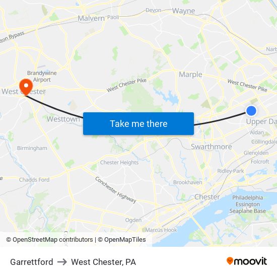 Garrettford to West Chester, PA map