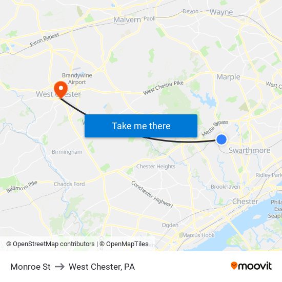 Monroe St to West Chester, PA map