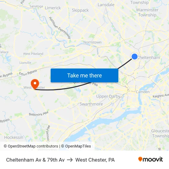 Cheltenham Av & 79th Av to West Chester, PA map