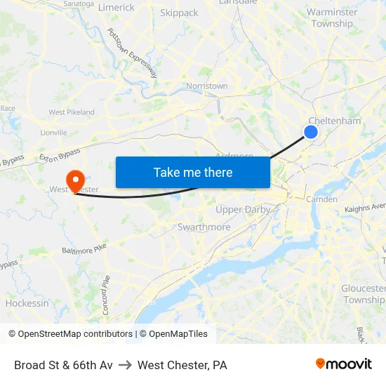 Broad St & 66th Av to West Chester, PA map