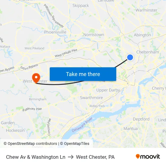 Chew Av & Washington Ln to West Chester, PA map