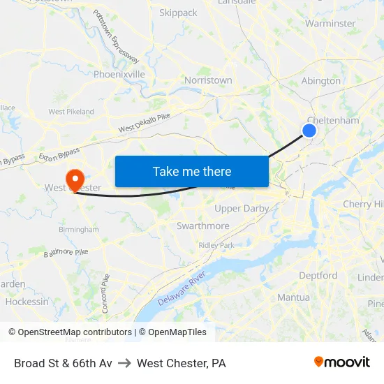Broad St & 66th Av to West Chester, PA map