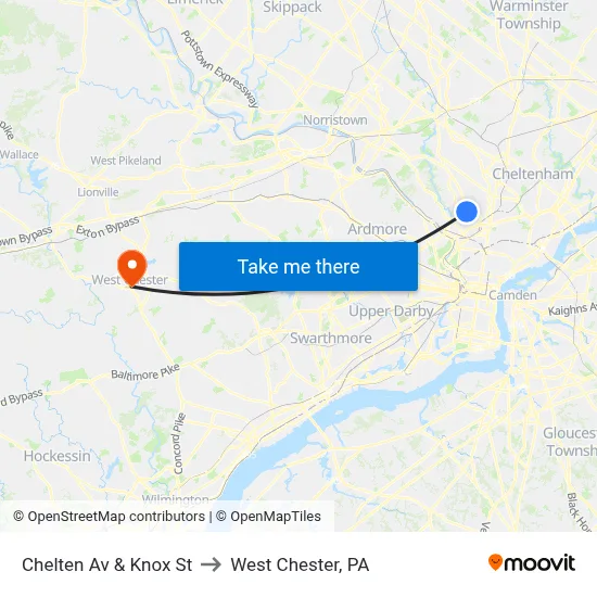 Chelten Av & Knox St to West Chester, PA map