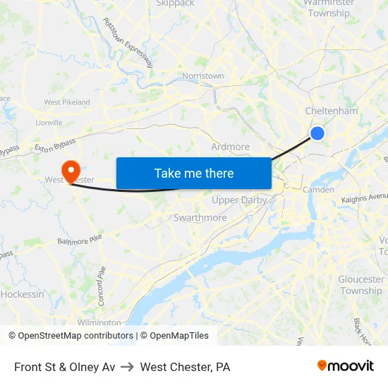 Front St & Olney Av to West Chester, PA map