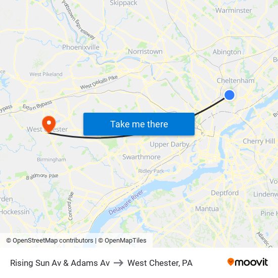 Rising Sun Av & Adams Av to West Chester, PA map