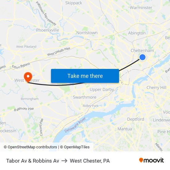 Tabor Av & Robbins Av to West Chester, PA map