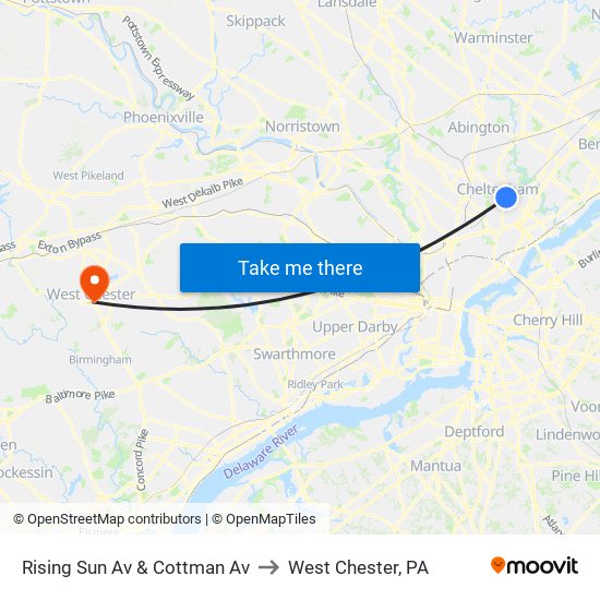 Rising Sun Av & Cottman Av to West Chester, PA map