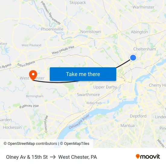 Olney Av & 15th St to West Chester, PA map