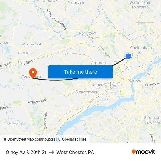 Olney Av & 20th St to West Chester, PA map