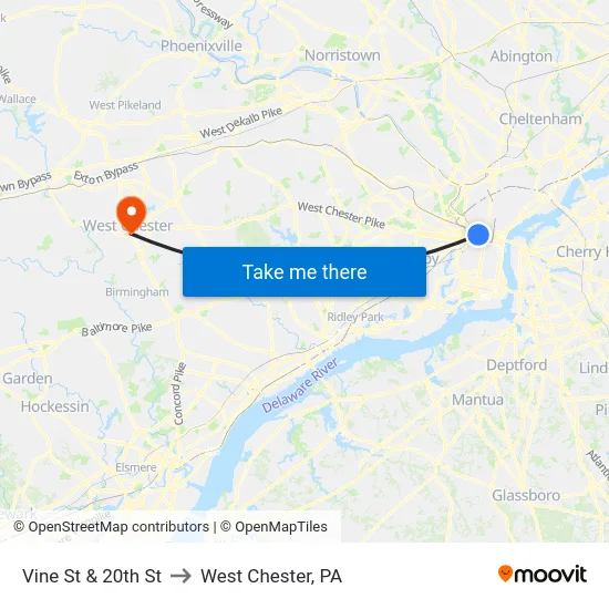Vine St & 20th St to West Chester, PA map