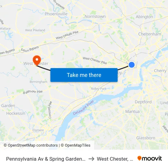 Pennsylvania Av & Spring Garden St to West Chester, PA map