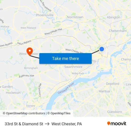 33rd St & Diamond St to West Chester, PA map