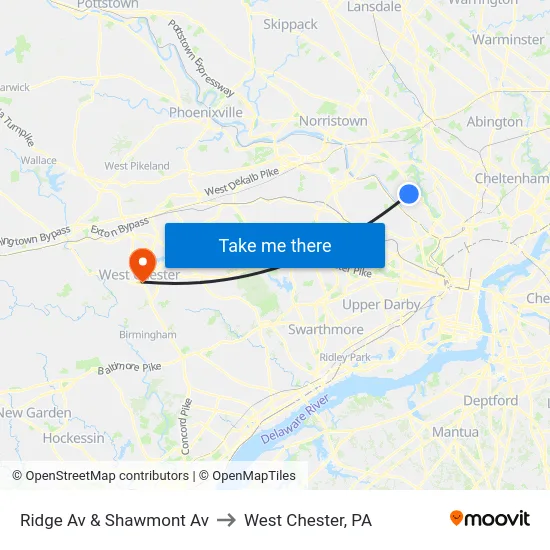 Ridge Av & Shawmont Av to West Chester, PA map