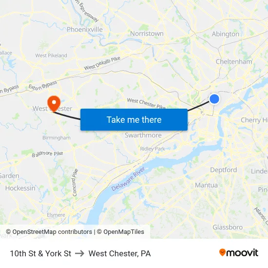 10th St & York St to West Chester, PA map