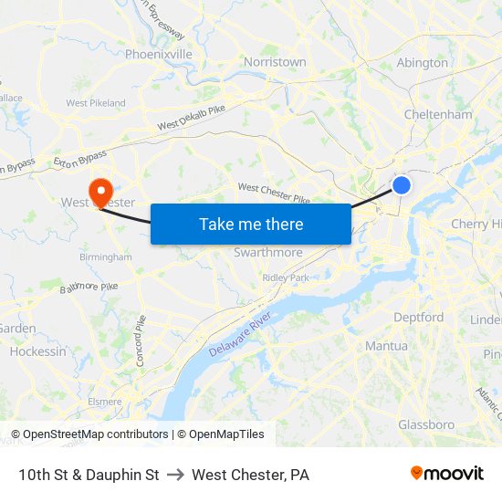 10th St & Dauphin St to West Chester, PA map