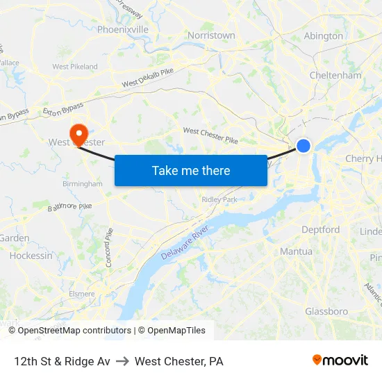 12th St & Ridge Av to West Chester, PA map