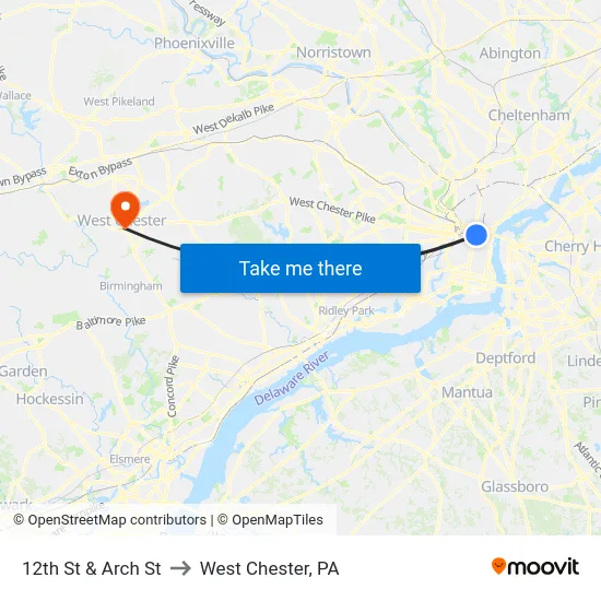 12th St & Arch St to West Chester, PA map