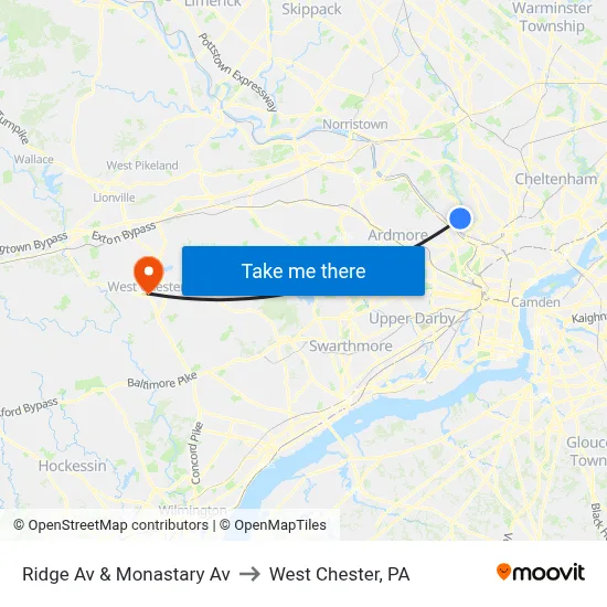 Ridge Av & Monastary Av to West Chester, PA map