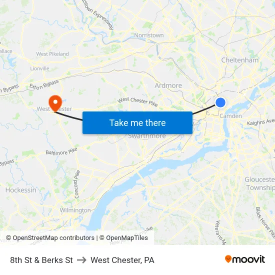 8th St & Berks St to West Chester, PA map