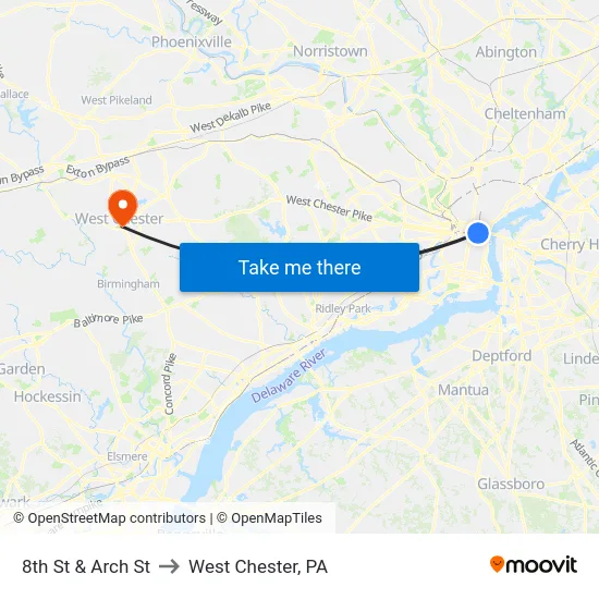 8th St & Arch St to West Chester, PA map