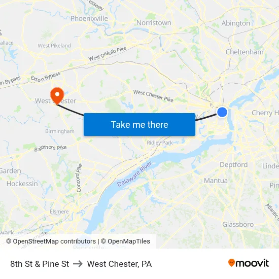 8th St & Pine St to West Chester, PA map