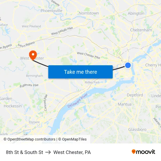 8th St & South St to West Chester, PA map