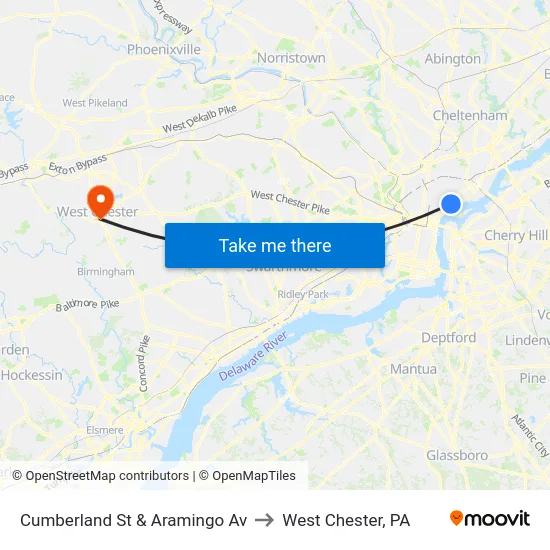 Cumberland St & Aramingo Av to West Chester, PA map