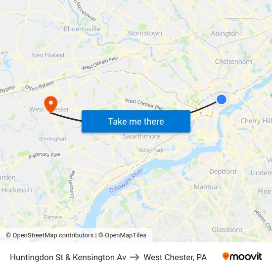 Huntingdon St & Kensington Av to West Chester, PA map