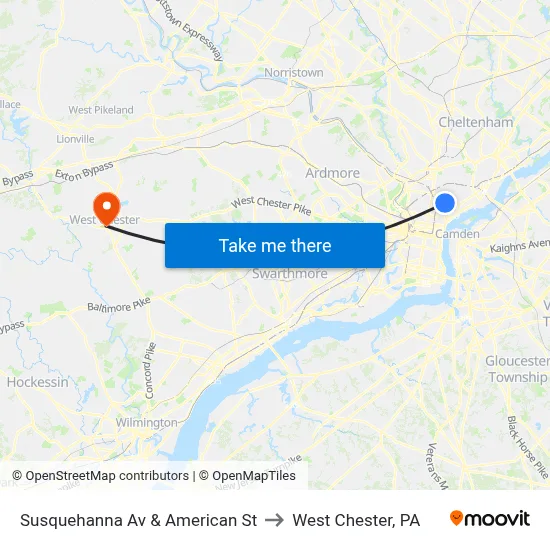 Susquehanna Av & American St to West Chester, PA map