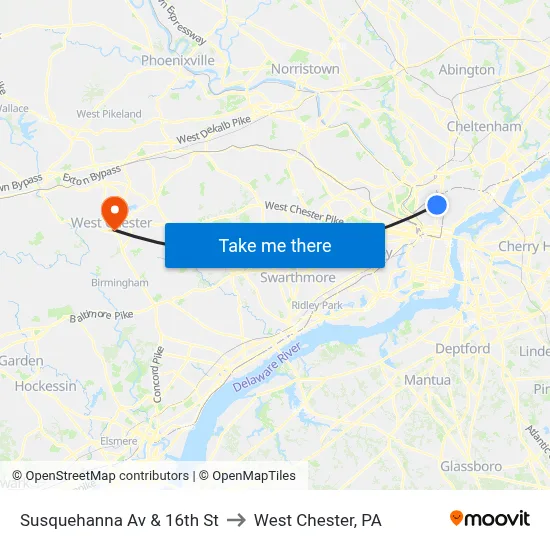 Susquehanna Av & 16th St to West Chester, PA map