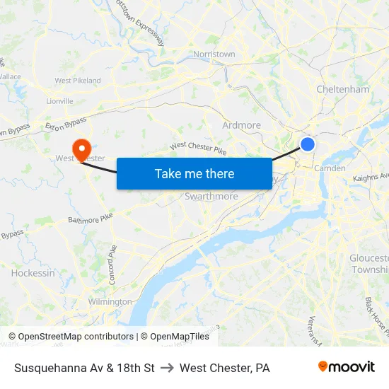 Susquehanna Av & 18th St to West Chester, PA map