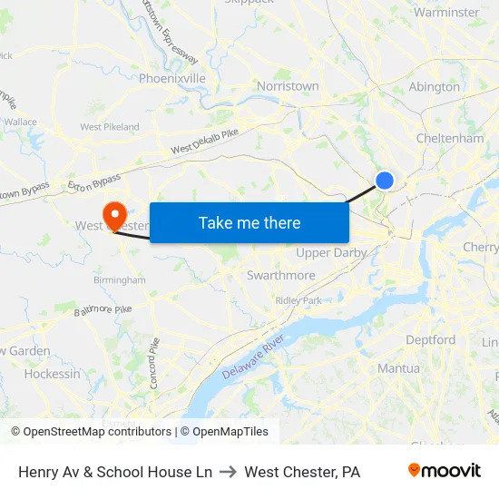 Henry Av & School House Ln to West Chester, PA map