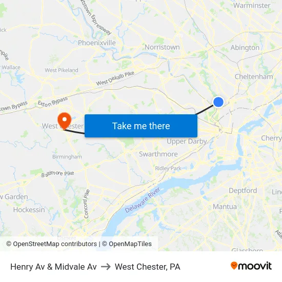 Henry Av & Midvale Av to West Chester, PA map