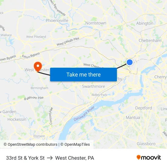 33rd St & York St to West Chester, PA map